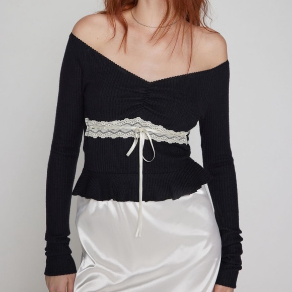 Kimchi Blue Gianna Off The Shoulder Lace Inset Top In Black - Picture 1 of 5